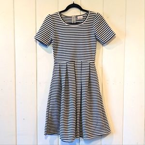LuLaRoe Amelia Navy and White Striped Dress with Pleats, Size XS